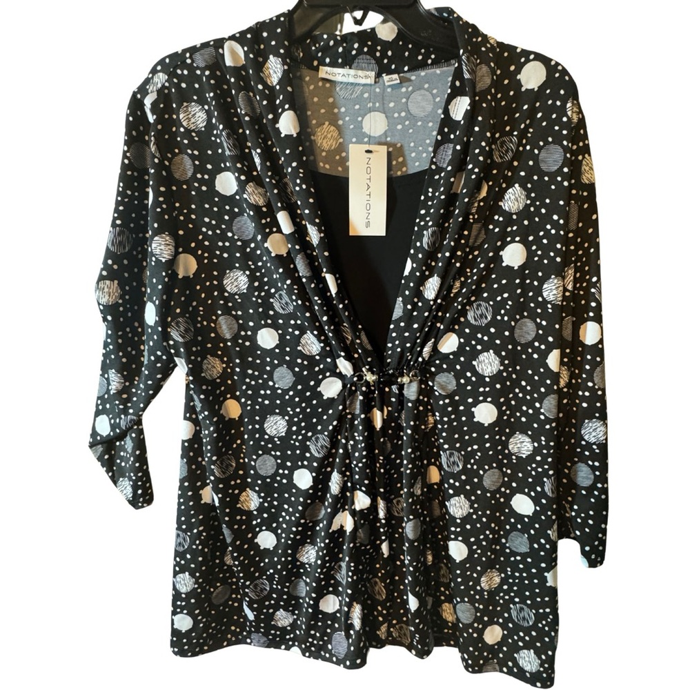 Notations Black and White Tie Front 3/4 Sleeve Blouse